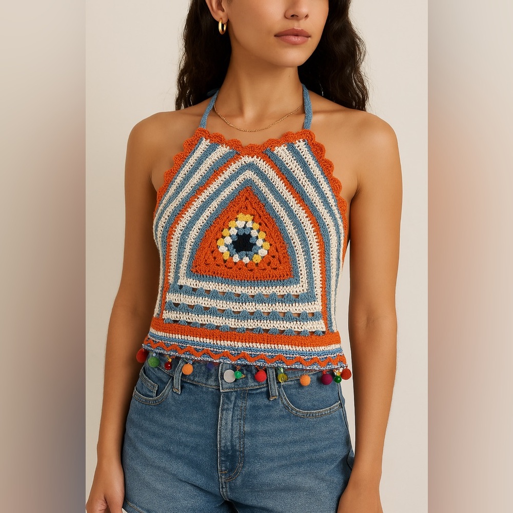 India Boutique Crochet Halter Top with Pom Pom Trim S/M – NWT